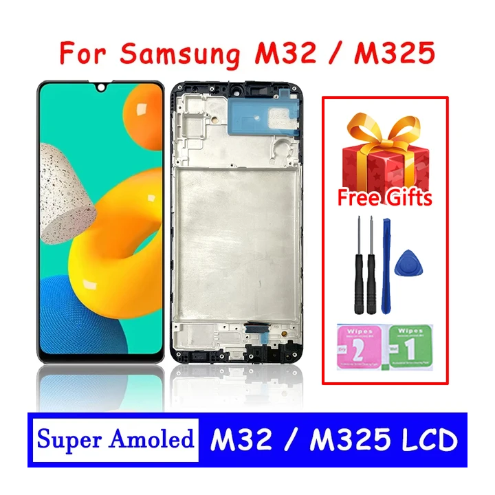 6,4-дюймовый Super AMOLED-экран для Samsung M32 M325F M325F/DS, сенсорный ЖК-дисплей в сборе, дисплей M325 с заменой рамки