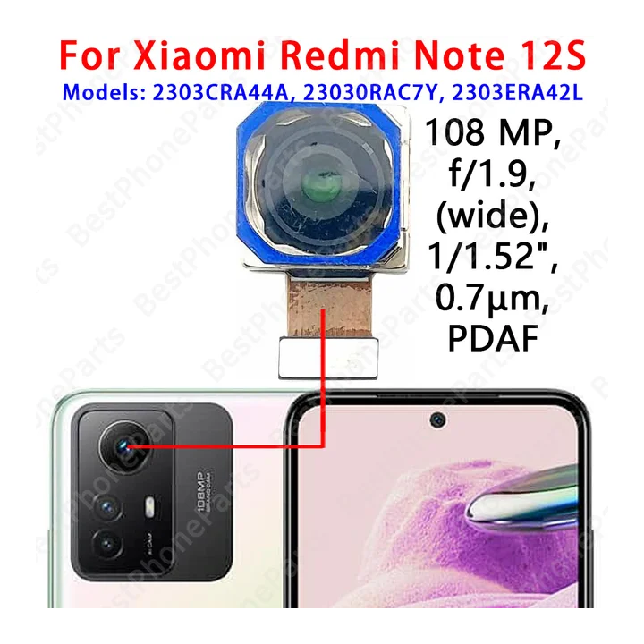 Передняя и задняя камера для селфи для Xiaomi Redmi Note 12S 2303CRA44A, модуль основной камеры, гибкий кабель, запасные части