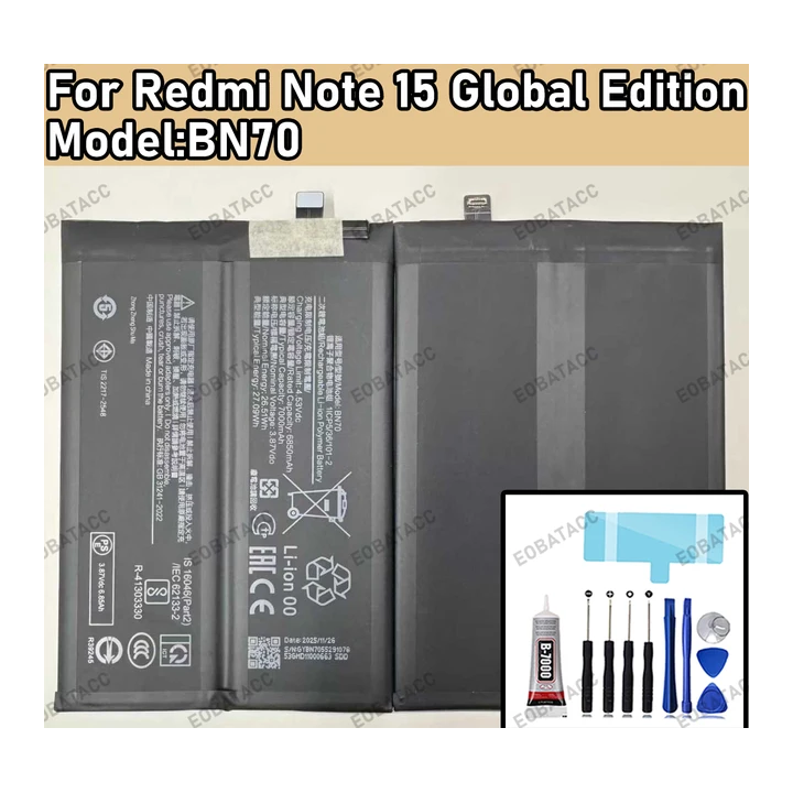 Сменный аккумулятор BN70 7000 мАч для XIAOMI Redmi 15 Global Edition, новый аккумулятор + бесплатные инструменты