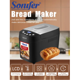 Автоматическая хлебопечка Sonifer, 1500 г, SF-4025, двойные крючки для замешивания, 15 программ, таймер 15 часов, 3 настройки к