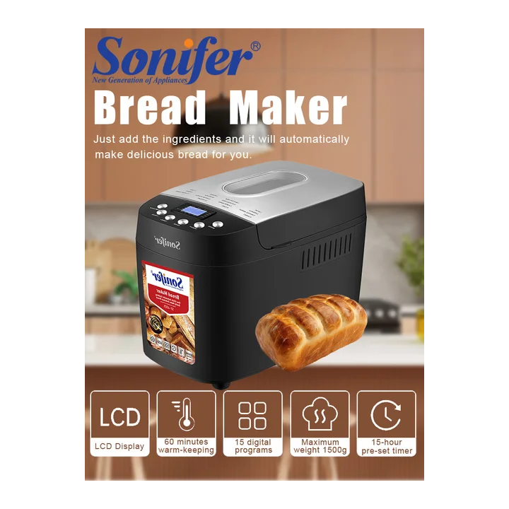 Автоматическая хлебопечка Sonifer, 1500 г, SF-4025, двойные крючки для замешивания, 15 программ, таймер 15 часов, 3 настройки к