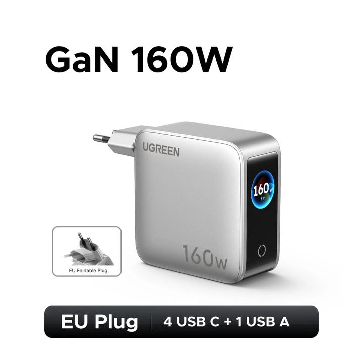 Зарядное устройство UGREEN 160W GaN с интеллектуальным дисплеем, AVS PD 3.1 140W, QC4.0 для MacBook Pro, ноутбуков, iPhone 17, 