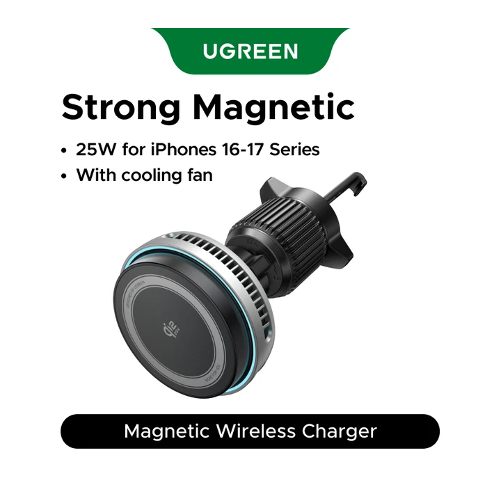 Беспроводное магнитное автомобильное зарядное устройство UGREEN MagFlow Pro Qi2.2 25W с охлаждающим вентилятором для iPhone 16/