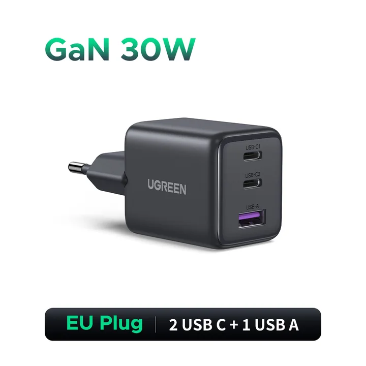 Зарядное устройство UGREEN 30 Вт GaN, 3 порта, PD 3,0, USB C, зарядное устройство для iPhone 17 16 15 Pro, Samsung S25, Xiaomi,