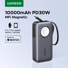 UGREEN MFi Power Bank для Apple Watch PD30W, магнитный, 10000 мАч, портативный, с быстрой беспроводной зарядкой, встроенный каб