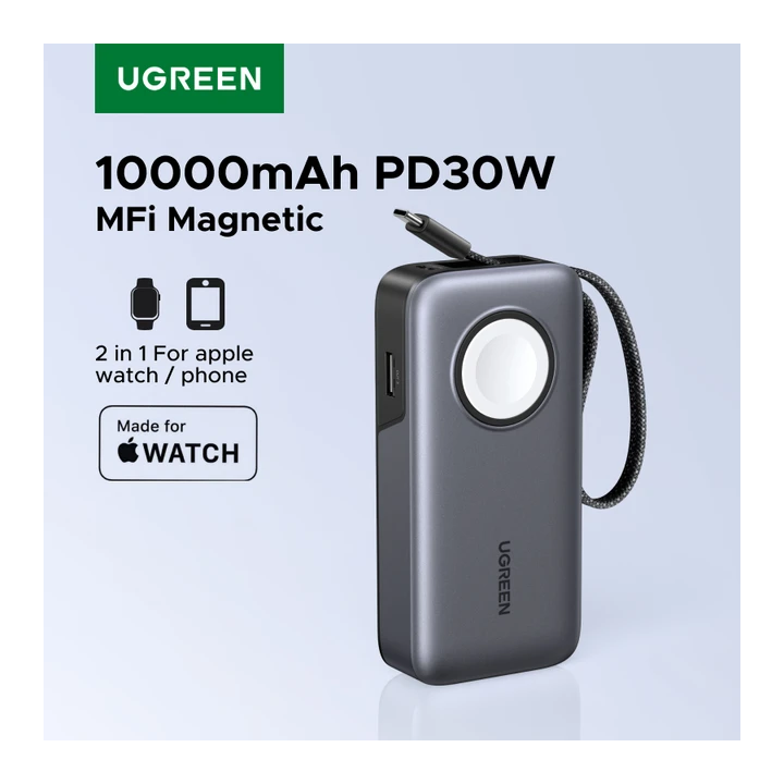 UGREEN MFi Power Bank для Apple Watch PD30W, магнитный, 10000 мАч, портативный, с быстрой беспроводной зарядкой, встроенный каб