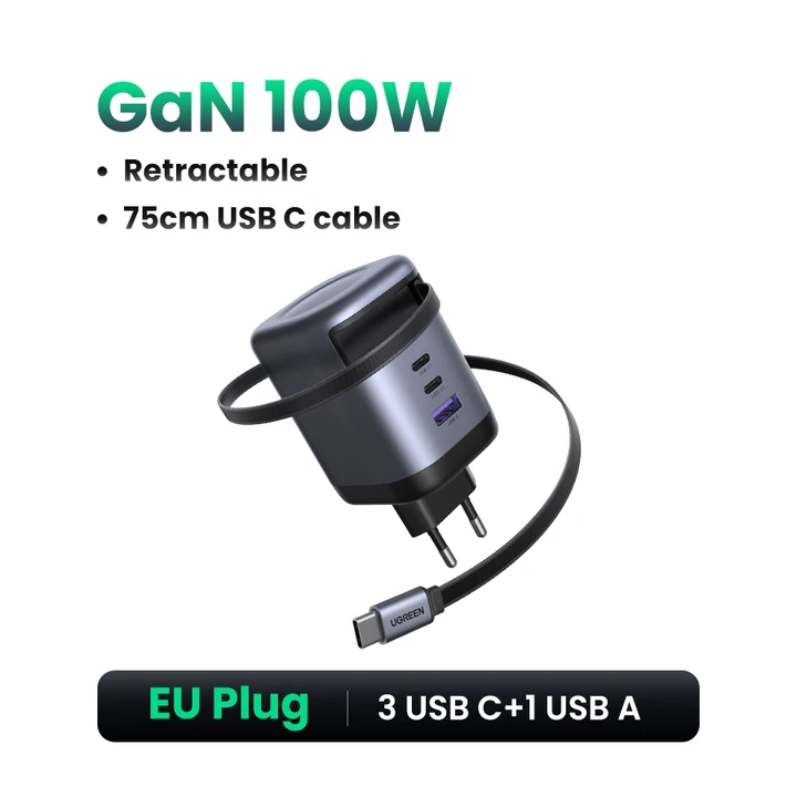 【РОВСПРОДАЖА】UGREEN Зарядное устройство GaN 100 Вт/65 Вт/45 Вт с выдвижным кабелем USB C для ноутбука Macbook Pro iPad Tablet i