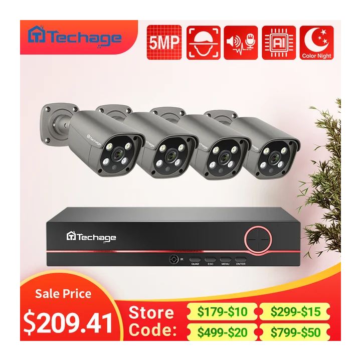Techage 8-канальный сетевой видеорегистратор с 4 IP-камерами 5МП