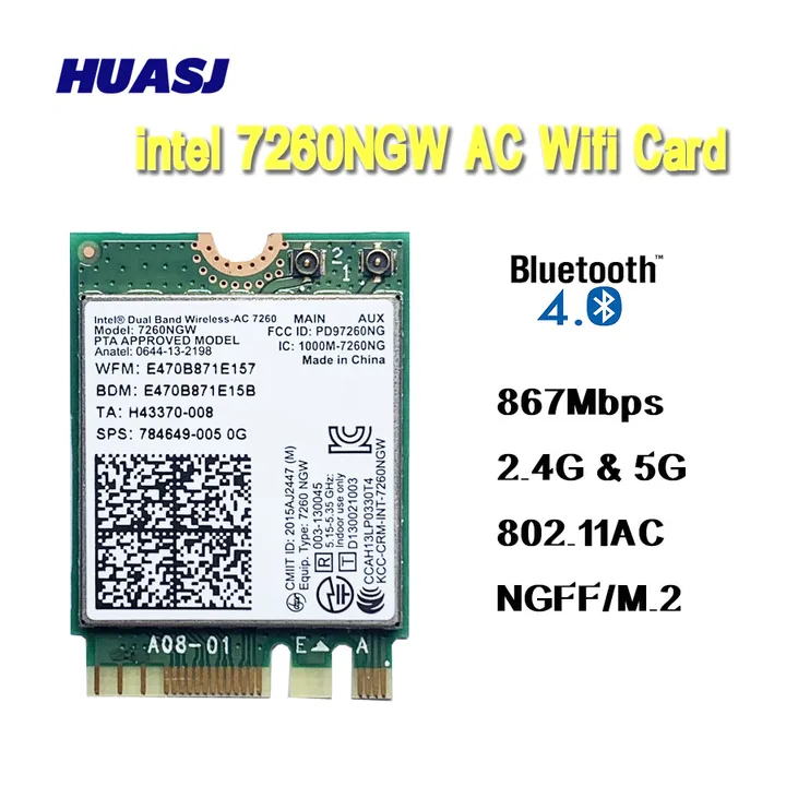 Беспроводная карта HUASJ Dual Band 7260 7260NGW Wireless-AC NGFF 2x2 802.11ac 867 Мбит/с Wi-Fi + Bluetooth 4.0 M.2