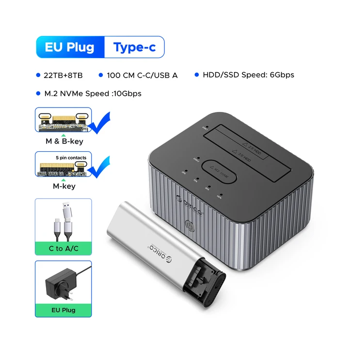 ORICO 2-Bay NVME и SATA Крестообразный автономный клон Type-C Док-станция для жесткого диска 10 Гбит/с для NVME M.2 2,5 дюйма 3