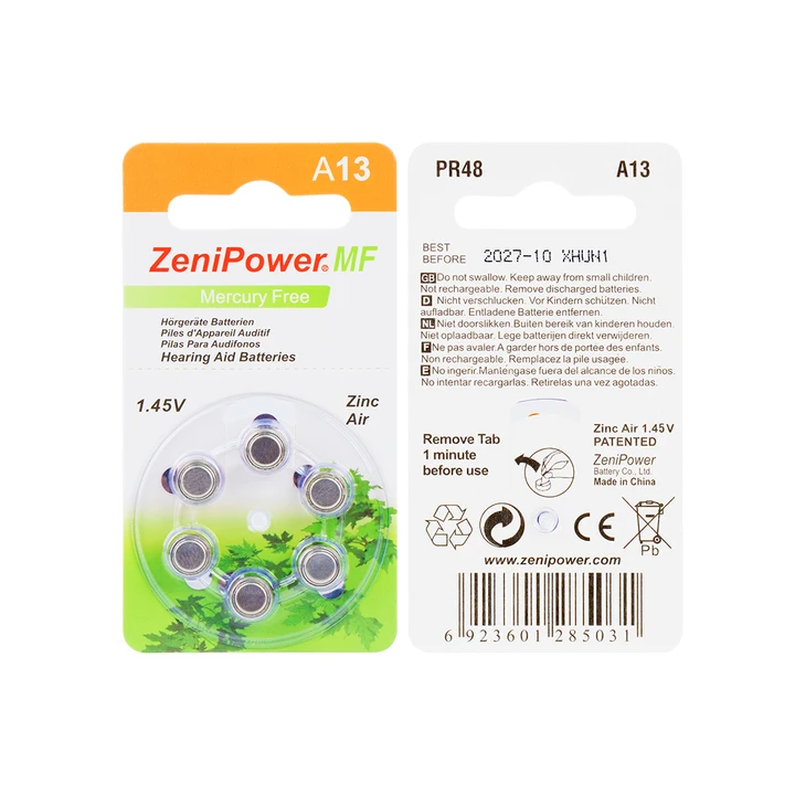 Аккумуляторы для слуховых аппаратов Zenipower A13 13A 13 P13 PR48 60 шт.