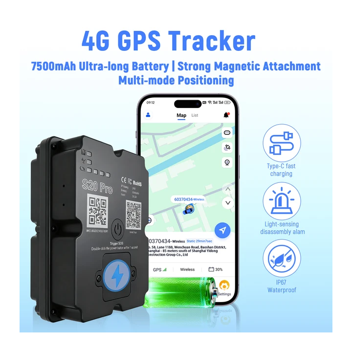 Автомобильный водонепроницаемый GPS-трекер с аккумулятором 7500 мАч, магнитом, IP67, отслеживанием в реальном времени, требуетс