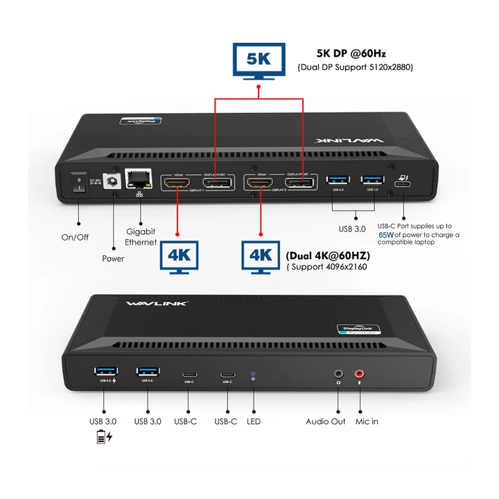 Док-станция WAVLINK Ultra HD Type-C с двойной 4K и гигабитным Ethernet мощностью 65 Вт, аудио и микрофоном для ноутбуков с ОС W